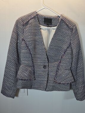 Banana Republic Navy and White Tweed Collarless Blazer Size 4